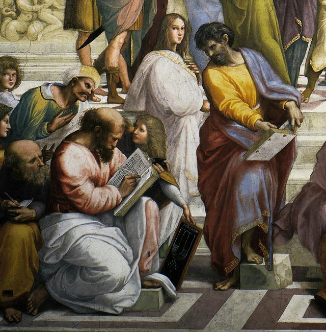detail from The School of Athens left to right: Averroes, in a turban, 